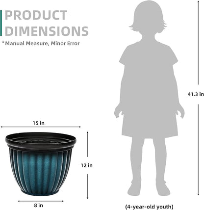 15" Large Flower Pots Set of 2 Plastic Planters for Outdoor Plants | Plant Pot with 3D Textures, Gradient Teal Blue Glaze, Weather-Resistant for Porch, Garden, Patio or Indoor Use