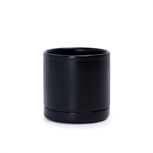 D'vine Dev 3.5 Inch Ceramic Planter Pot with Drainage Hole and Saucer, Indoor Cylinder Round Planter Pot, Black, 94-O-A-2