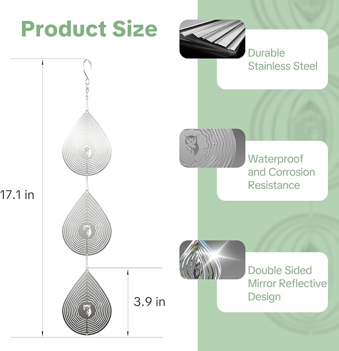 OFFO 304 Stainless Steel Bird Reflectors, Double-Sided Reflective 3D Water Drop Bird Scare Devices, Outdoor Garden Decor for Patio Yard Porch Pool Window, 9 PCS