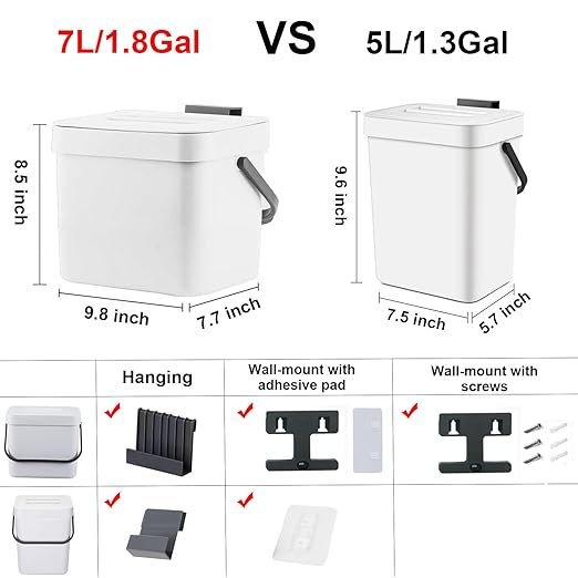 LALASTAR Trash Can with Lid, Wall-Mounted Under Sink Small Garbage Can for Kitchen, Bathroom, Hanging Plastic Trash Can, 1.8 Gallon, White