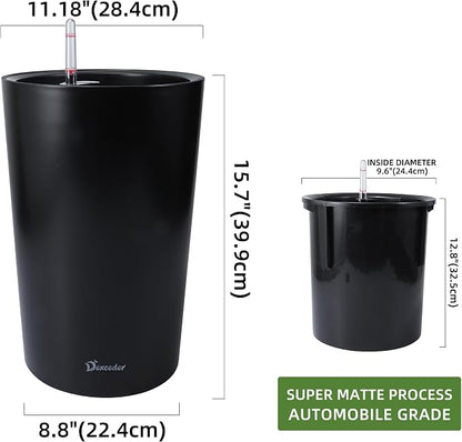 Dexceder 16x12 Self Watering Tall Planter (Black Matte) | High Cylinder, Thickened Large Floor Standing Flower Plant Pot with Water Level Indicator Indoor Outdoor