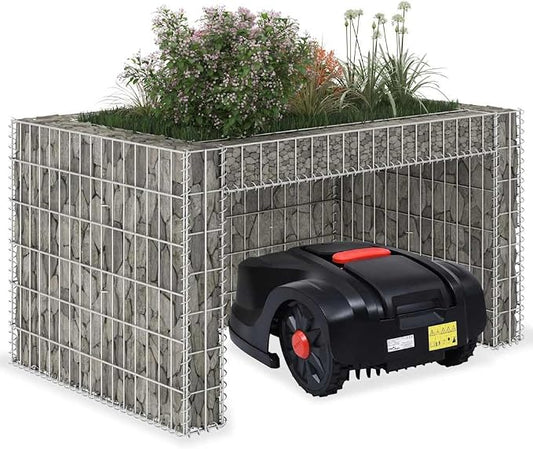 vidaXL Robot Mower Garage, Automower Cover with Gabion Raised Bed, Robot Mower Shelter, Robotic Lawnmower House for Outdoor Patio Porch, Steel Wire