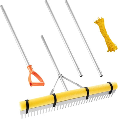 VEVOR Landscape Rake, 36 inch Wide Head 102 inch Handle, Large Heavy Duty Aluminum Landscaping Leaf Rake Tool, Asphalt Level for Loosening Soil, Garden & Yard, Pond Gravel & Beach Lawn Care, 52ft Rope
