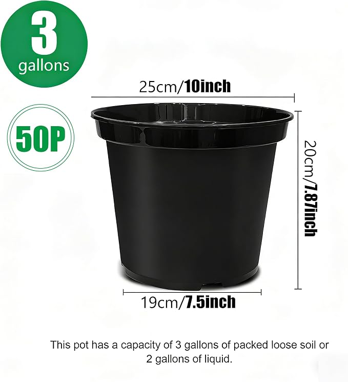 RooTrimmer 3 Gallon Plastic Nursery Pots 50 Pack, 10 Inch Round Plant Pots with Drainage Holes, Planting Pot for Outdoor Indoor Plants
