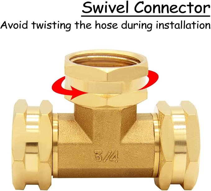 Uenede Brass 3/4 Inch GHT Swivel Tee Pipe Fitting 3/4" GHT Female for Garden Hose Threaded Tube Pipe Fittings