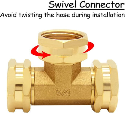 Uenede Brass 3/4 Inch GHT Swivel Tee Pipe Fitting 3/4" GHT Female for Garden Hose Threaded Tube Pipe Fittings
