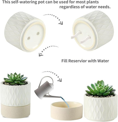 Nihow Ceramic Self Watering Plant Pot for Indoor Plants, 4.5+6 Inch | Planter with Cotton Wick, Drainage Hole & Water Storage Plus, Cylinder Round Flower Pot, For Succulent/Herbs/Violets