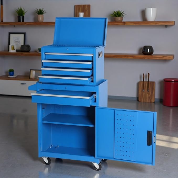 Tool Chest, 5-Drawers Rolling Tool Storage Cabinet with Detachable Top, Adjustable Shelf, Lockable Wheels & Locking Mechanism, Multifunctional Tool Cart for Garage Warehouse, Blue