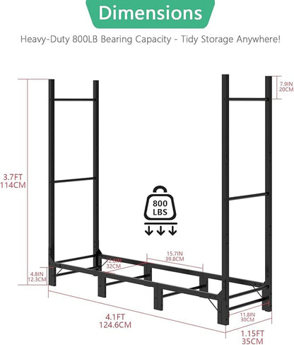 Helios&Hestia 4Ft Outdoor Firewood Rack for Fireplace, Heavy Duty Steel Log Holder, Indoor Wood Pile Storage Organizer, Adjustable Stacker Stand, Black