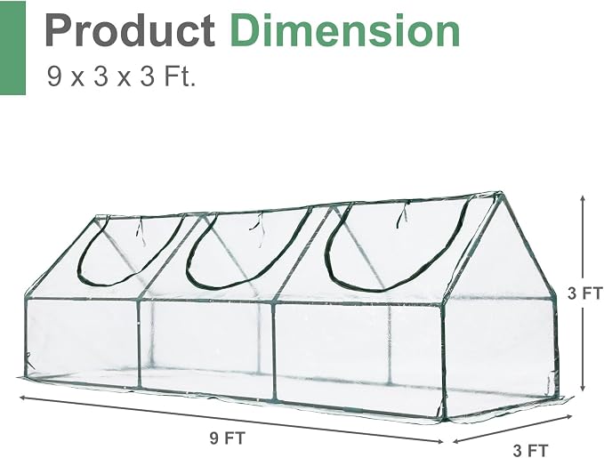 Aoodor 9 x 3 x 3 ft Mini Greenhouse with 3 Zipper Doors, Water-Resistant, UV-Protected for Flowers, Vegetables, and Herbs, Transparent