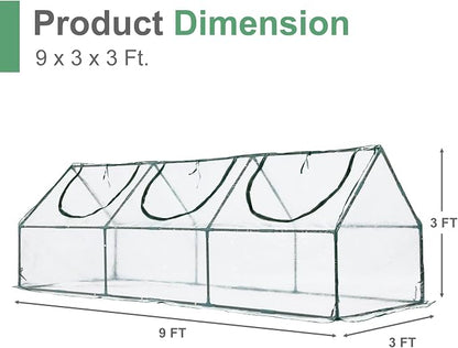 Aoodor 9 x 3 x 3 ft Mini Greenhouse with 3 Zipper Doors, Water-Resistant, UV-Protected for Flowers, Vegetables, and Herbs, Transparent