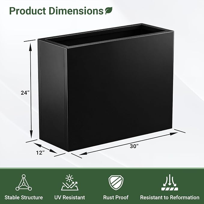 Metal Planter Box 30” x 12” x 24” for Porch, Garden, Patio, Yard | Heavy Duty Rectangle Planter Box with with Drainage Holes & Rust-Proof Coating, Modern Outdoor/Indoor Black Planter Box