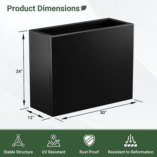 Metal Planter Box 30” x 12” x 24” for Porch, Garden, Patio, Yard | Heavy Duty Rectangle Planter Box with with Drainage Holes & Rust-Proof Coating, Modern Outdoor/Indoor Black Planter Box