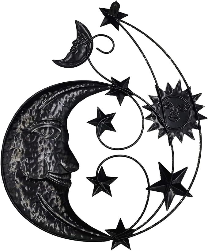 Metal Sun Outdoor Wall Art Decor, Large Size 17'' Sun Face Metal Wall Sculpture with Moon & Stars for Home Wall Decoration Living Room, Bedroom, Outside Decor for Yard, Patio, Garden Fence Deck Pool