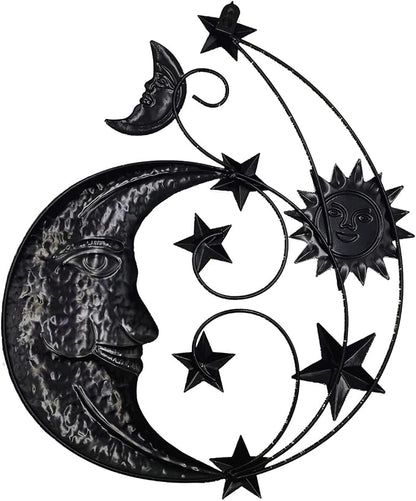 Metal Sun Outdoor Wall Art Decor, Large Size 17'' Sun Face Metal Wall Sculpture with Moon & Stars for Home Wall Decoration Living Room, Bedroom, Outside Decor for Yard, Patio, Garden Fence Deck Pool
