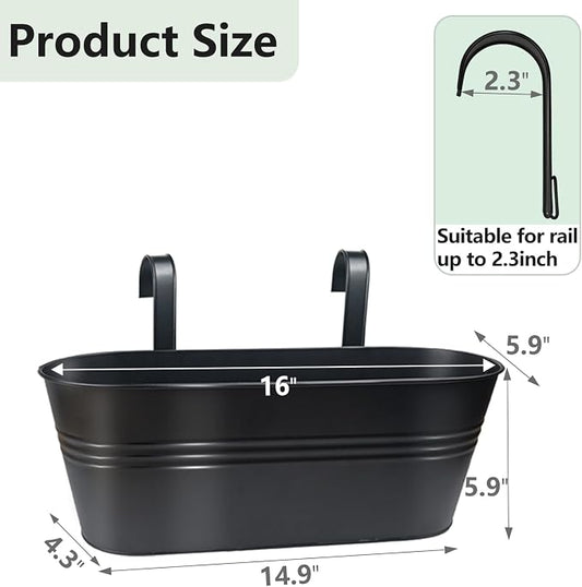 16 Inch 4 PCS Metal Hanging Flower Pots for Railing Fence, Large Railing Planters for Outdoor Plants, Fence Hanging Planters with Detachable Hooks for Garden Balcony