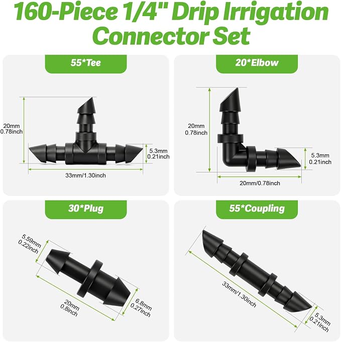 RedChili 160 Pack Drip Irrigation 1/4" Barbed Fittings Kit, Drip System Parts Double Barbed Connectors Includes Couplings Tees Elbows Plugs Fits 1/4-Inch Drip Tubing for Drip Line Connection