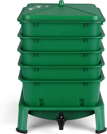 Blütezeit 5-Tray Worm Compost Bin, 53QT Worm Composter Indoor & Outdoor, Worm Farm Starter Kit for Vermicomposting, Recycling Food Waste (Green)