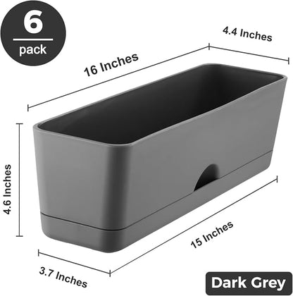 6 Pack Rectangle Planter 16x4.4 Inch Window Boxes Planters Rectangular Window Sill Planters Indoor Self Watering Plant Pots with Drainage Holes and Saucers Succulent Herb Flower Pots, Dark Grey