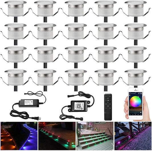20 Pack 1.22 Inch Smart LED Deck Lights, Low Voltage RGB Outdoor Lighting | Recessed 12V IP67 Waterproof, APP Control, Compatible with Alexa & Google Home, for Patio Stair Steps Landscape Decor