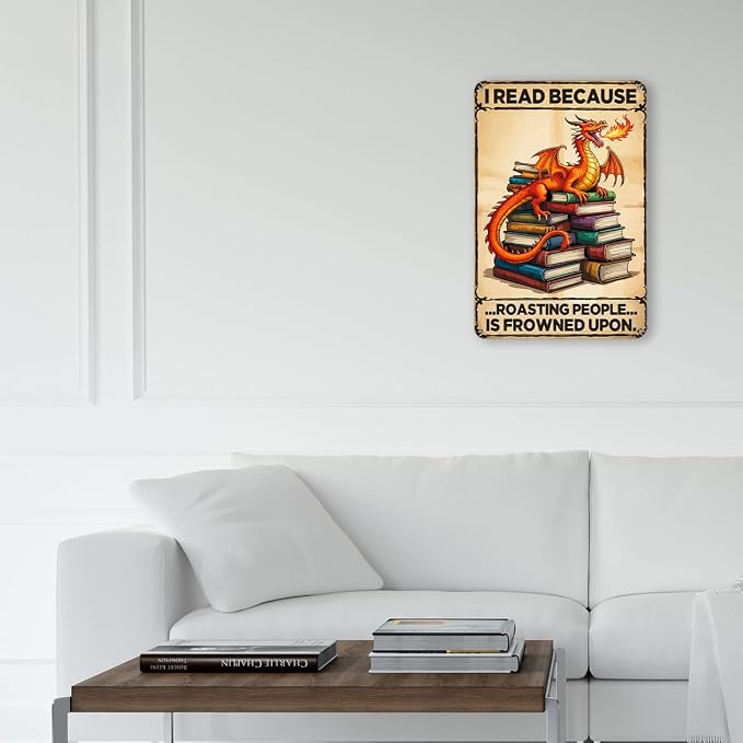 mmiishe Retro Dragon Wall Art Vintage Metal Sign Dragon Gifts for Women Men Book Lovers Funny Wall Decor For Bedroom Cafe Library 8x12 Inches Birthday Anniversary Decoration Retro