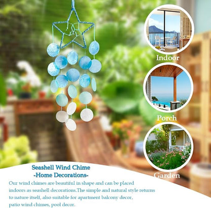 Wind Chimes for Outside, Personalized Capiz Shells Wind Chime for Home Decoration, Garden Decoration of Beach House Decor,Great Gift for Shells Windchimes Lovers and More (Blue Circle)