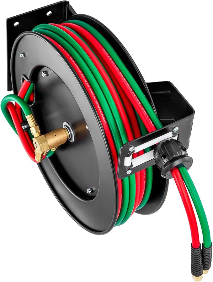 VEVOR Retractable Welding Hose Reel, 1/4-Inch x 50FT Twin Oxygen Acetylene Rubber Hose Max 300PSI - T Grade, Ceiling/Wall Mount Heavy Duty Steel Hose Reel Auto-Rewind, Ideal for Workshops Garages