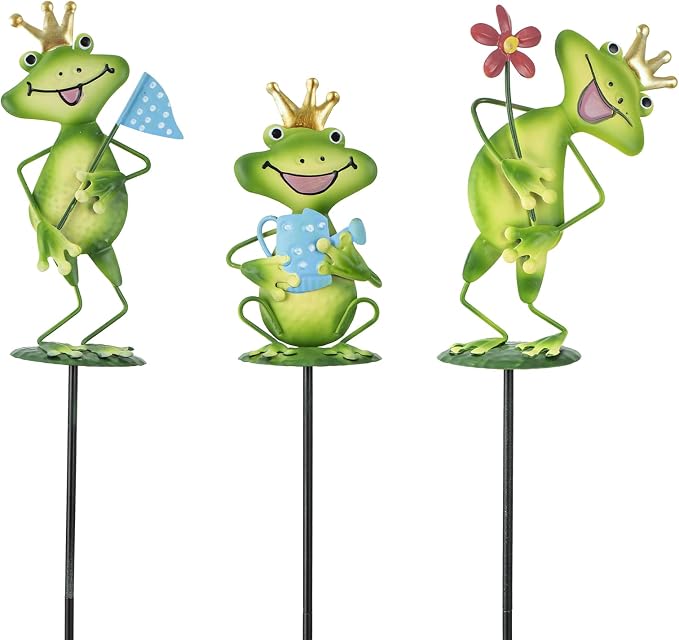 3 Pack Metal Garden Stakes, 21" Frog Garden Stakes for Spring Decor, Metal Yard Art for Outdoor & Outside Lawn Patio Pathway Decoration
