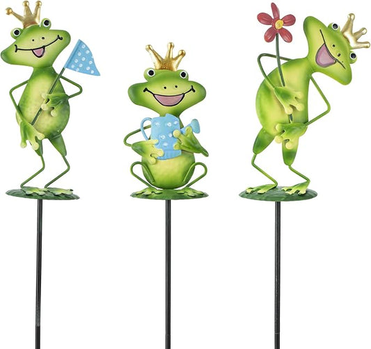 3 Pack Metal Garden Stakes, 21" Frog Garden Stakes for Spring Decor, Metal Yard Art for Outdoor & Outside Lawn Patio Pathway Decoration