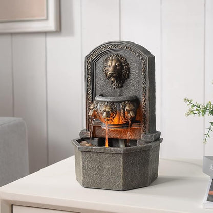 GOSSI 10.3 Inch Lion Head Tabletop Water Fountain, Classic Resin Indoor Zen Waterfall Fountain with Cobblestone, Soothing Water Sounds for Office and Home Decor (20135)