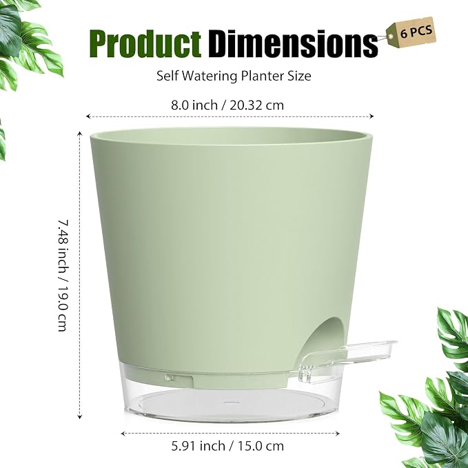 Plant Pots 8 Inch Self Watering Pots, 2 Pack Plastic Planters with Drainage Holes and Clear Saucers,Plastic Flower Pots for Indoor Out Door Plants (Green)