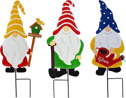 Garden Gnomes Decorative Stakes, 3-Piece Metal Silhouette Elf Decor | Outdoor Iron Yard Silhouettes Set, Waterproof Weather Resistant Elf Lawn Ornaments for Patio Porch Wall Decoration