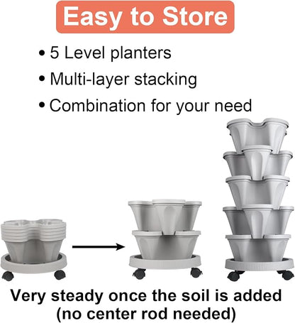 GameXcel Vertical Planter Tower - 5 Tier Stackable Garden Planters with Wheels and Tools Plant Pots for Strawberry Herb Flower and Vegetable Indoor Outdoor Use Gray