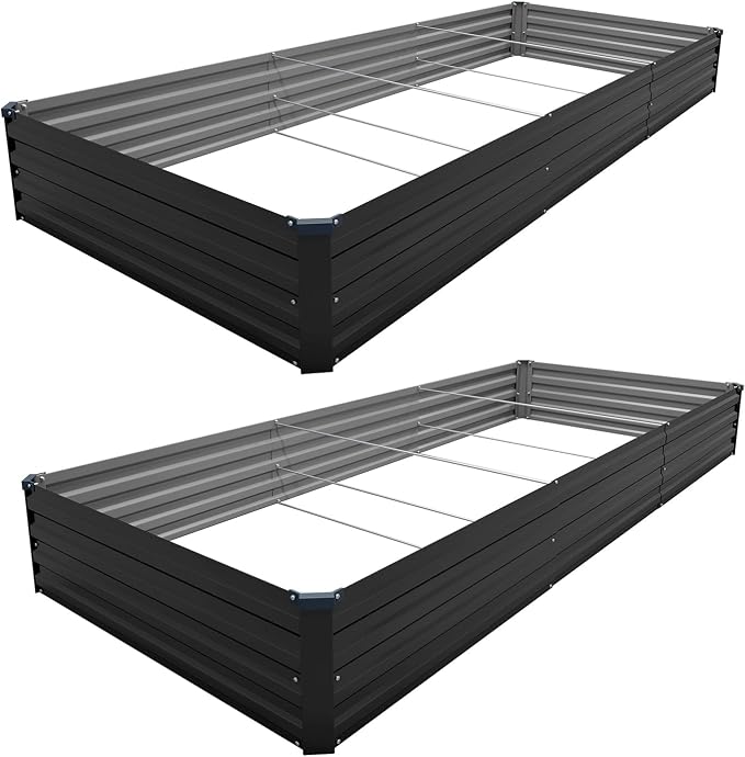2PCS 12x4x1ft Galvanized Raised Garden Bed Kit,Gardening Planter Box | Outdoor Elevated Metal Planter Box For Vegetables, Flowers, Herbs, Anti-Rust Galvanized Steel, Open Drainage, Sturdy (Black)