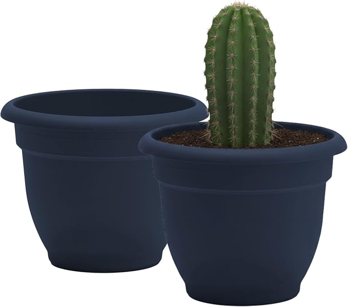 Bloem Ariana 12" Plastic Self-Watering Planter, Navy, 2-Pack | Self-watering disk at the bottom of each pot that acts as a water wick and reservoir for optimal plant health