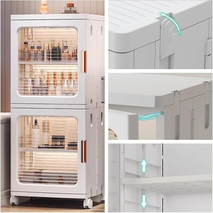 2 Layer Plastic Foldable Bathroom Storage Cabinet with Wheels | Quick Assembly,Magnetic Doors,Adjustable Shelves,Thin Cabinets for Narrow Spaces,Small Space Saver for Laundry Living Room