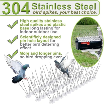 Bird Spikes for Pigeons Small Birds Stainless Steel 200 feet Coverage Outdoor Use Bird Spikes Strips for Fence with 304 Stainless Steel Pins and Plastic Base Flexible Use