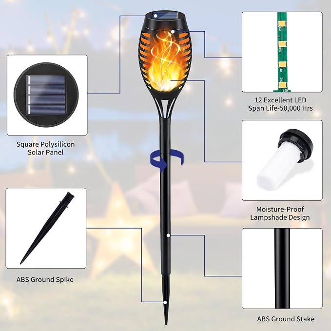 KYEKIO 12Pack Solar Torch Light with Flickering Flame for Halloween Decor | Solar Lights Outdoor for Halloween Decorations, Waterproof Solar Garden Lights, Solar Flame Lights for Pathway Yard Decor