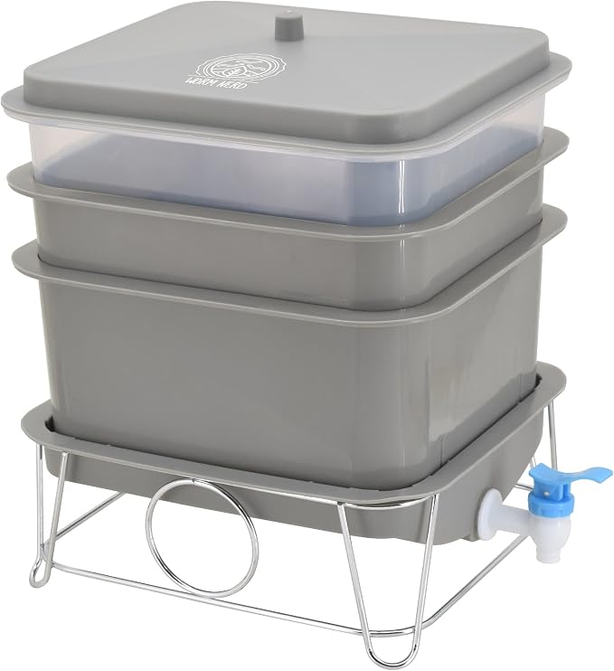 Worm Nerd WN54 4-Tray Worm Composting Bin Kit with Coco Coir Brick for Recycling Food Waste, Worm Castings, Worm Tea, Vermiculture and Vermicomposting