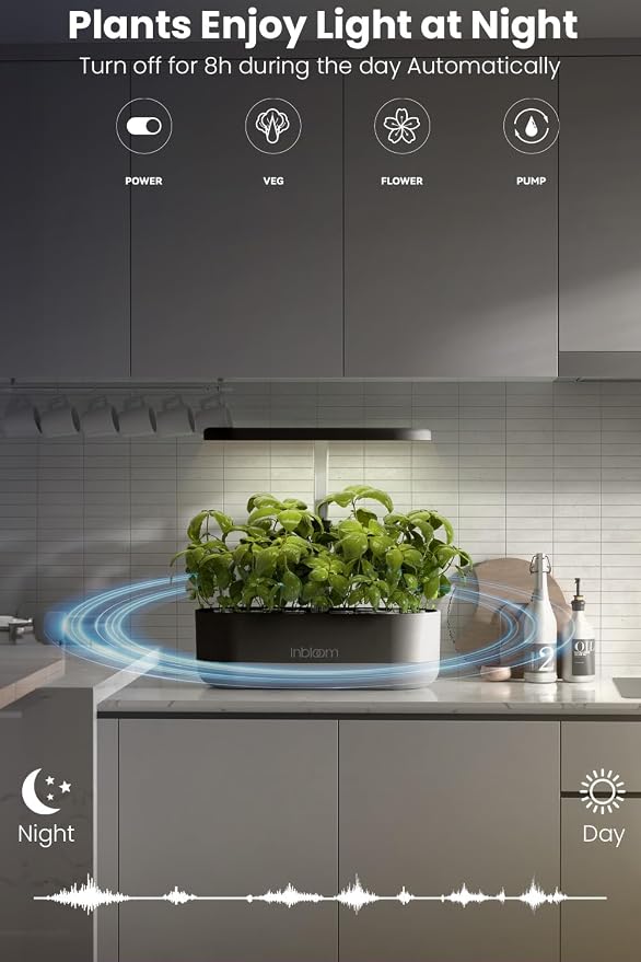 inbloom 12 Pods Hydroponics Growing System Kit, Herb Garden Planter Indoor Kit, Indoor Gardening Hydroponics Growing System with Pods, 4.2L Water Pump, Height Adjustable, Gifts for Woman, Black