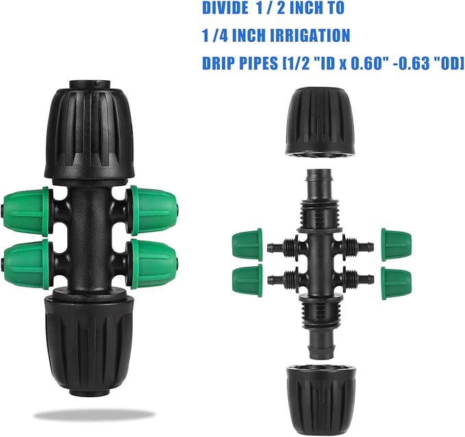 12 Pcs Lock Barbed Tee 1/2 inch Tubing to 1/4 Inch Tubing Irrigation Fittings for (1/2'' ID x 0.60''-0.63'' OD) ANTI-LEAK Locked Barbed Connectors(12Pcs Lock Barbed Tee Six Way)