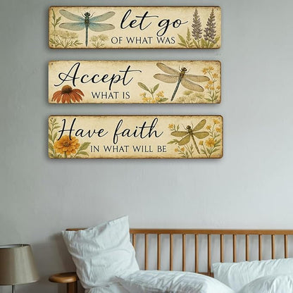 3 Pcs Retro Dragonfly Metal Tin Sign, Vintage Inspirational Quote Wall Art for Outdoor Garden, Bathroom, Home Decor, Unique Gift for Women