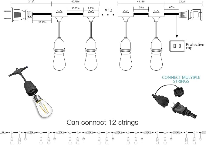 Banord Outdoor String Lights Commercial Grade 96ft Waterproof with 30 S14 Shatterproof Dimmable LED Bulbs, Heavy Duty Hanging Lights for Patio Garden Backyard Decoration, 2W 2x48ft Strands