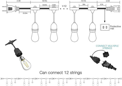 Banord Outdoor String Lights Commercial Grade 96ft Waterproof with 30 S14 Shatterproof Dimmable LED Bulbs, Heavy Duty Hanging Lights for Patio Garden Backyard Decoration, 2W 2x48ft Strands