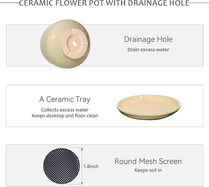 10.3 Inch Ceramic Planter with Saucer,Modern Garden Pots with Drainage Hole Mesh Net, for Indoor Outdoor Use (Pink Yellow)