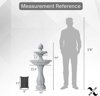 XBrand 44" Solar Powered Outdoor Fountain, Elegant 2-Tier Cascading Water Feature, Fiberglass Resin Garden & Patio Fountain with Solar Panel - White