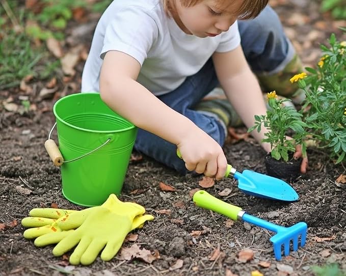 JustForKids Kids Garden Tool Set, 2 Pack STEM Educational Gardening Kit with Wooden-Handle Metal Pails, Plastic-Handle Shovel, Rake & Cultivator, Outdoor Toys & Gift for Toddlers Boys Girls Ages 3-8