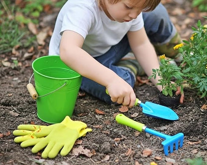 JustForKids Kids Garden Tool Set, 2 Pack STEM Educational Gardening Kit with Wooden-Handle Metal Pails, Plastic-Handle Shovel, Rake & Cultivator, Outdoor Toys & Gift for Toddlers Boys Girls Ages 3-8