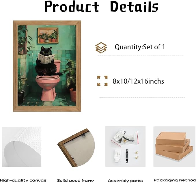 Funny Bathroom Wall Art Black Cat bathroom decor, funny Cat Bathroom Decor Canvas Print, funny Animal bathroom Wall Decor Framed Artwork for Bathroom Home 16x12 Inch