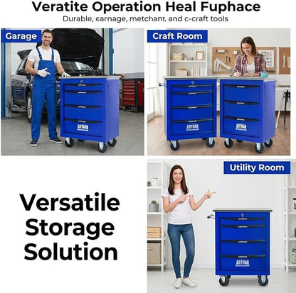 4-Drawer Rolling Tool Chest, Lockable Stainless Worktop for Garage, Blue | Heavy Duty Metal Tool Cabinet with Drawers on Wheels for Warehouse and Workshop Storage